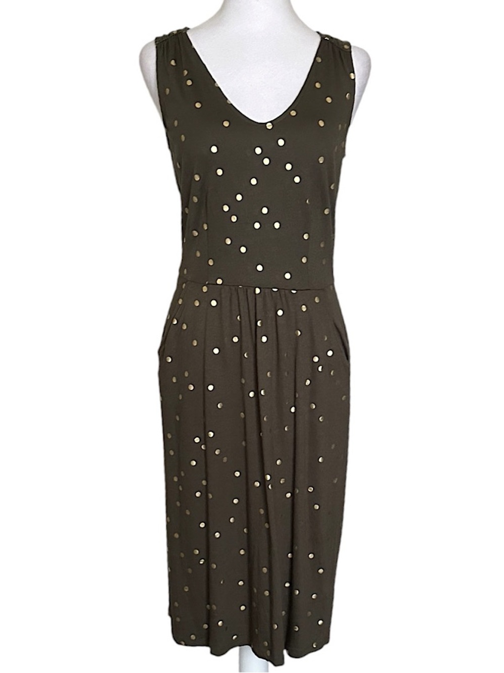 Boden Melinda Jersey Dress Sleeveless Pockets V-Neck Women’s Size 4L  Green Gold